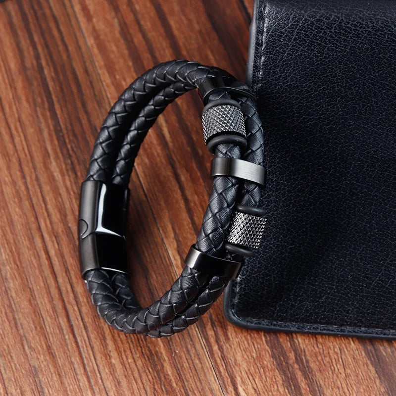 Charm Braid Rope Bracelet For Men Stainless Steel Magnetic Buckle Genuine Leather Bracelets &amp; Bangles Male Female Jewelry