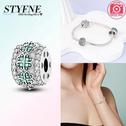 925er Silber eingelegte Zirkoniumblumen, vierblättriges Kleeblatt, Federn, Liebesbox-Clip, Charms, Abstandsperlen, passend für Armbänder, DIY-Schmuckmarkierung