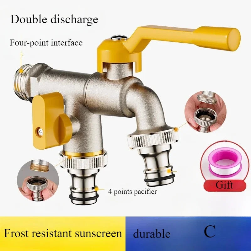 Vollkupfer-Wasserhahn für den Innen- und Außenbereich, eins in zwei, 4-Punkte-Frostschutz, für den Innenhof, Garten, doppelter Wasser-Blumen-Wasserhahn