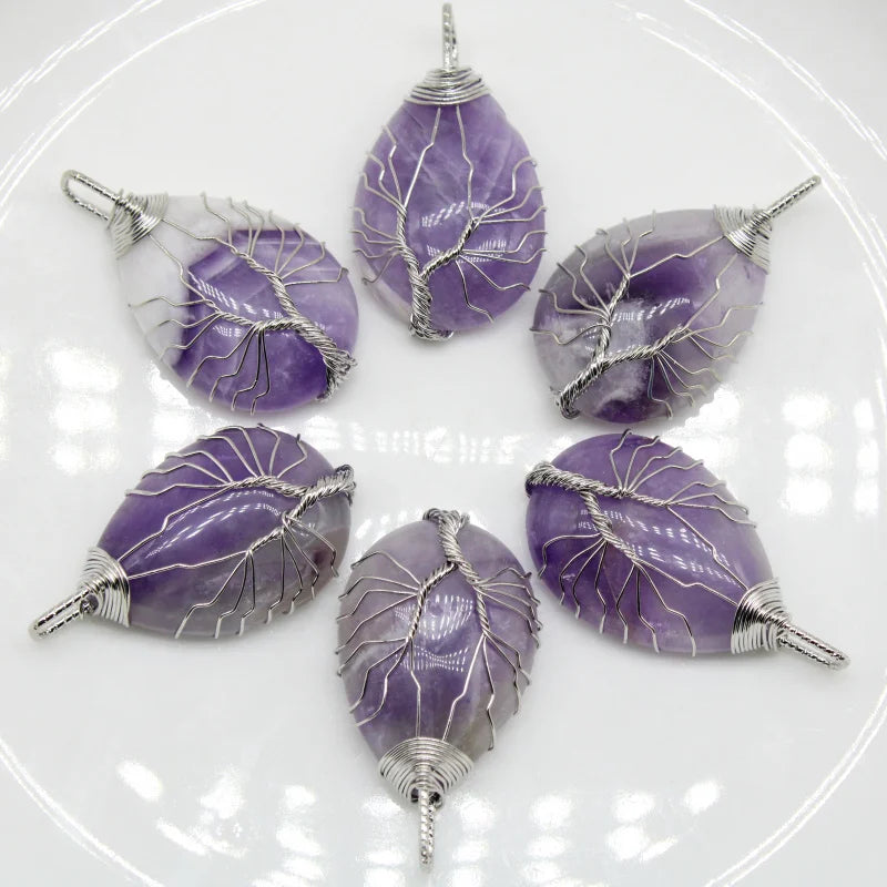 Naturstein-Kristall-Anhänger, Baum des Lebens, Amethyste, Rosen, Quarz, Kupferdraht, Draht umwickelt, trendige Schmuckherstellung, Großhandel, 6 Stück