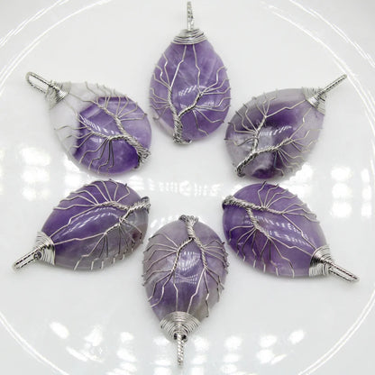 Naturstein-Kristall-Anhänger, Baum des Lebens, Amethyste, Rosen, Quarz, Kupferdraht, Draht umwickelt, trendige Schmuckherstellung, Großhandel, 6 Stück
