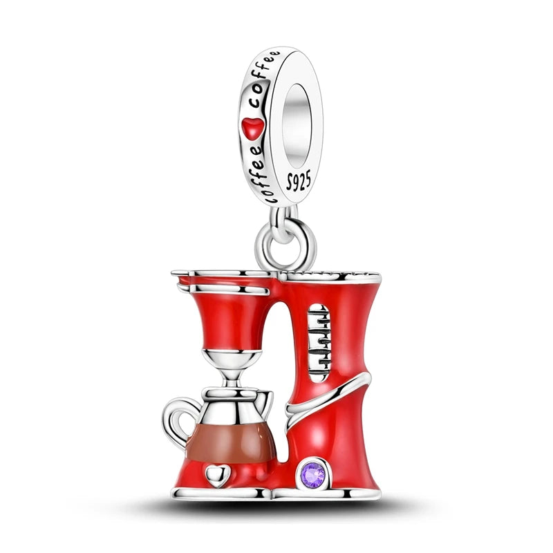 Rote Serie 925er Sterlingsilber, Koi-Herz, Pilz, Feuerwerkskörper, Kaffeemaschine, Charm, passend für DIY-Armbänder, Halsketten, exquisite lustige Geschenke