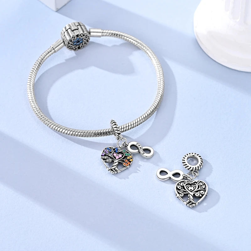 Original 925 Sterling Silber Perlen-Charm mit Buntem Zirkon, Unendlichkeits-Anhänger im Familienstammbaum-Design, Passend für Original-Armbänder, DIY-Geschenk für Frauen