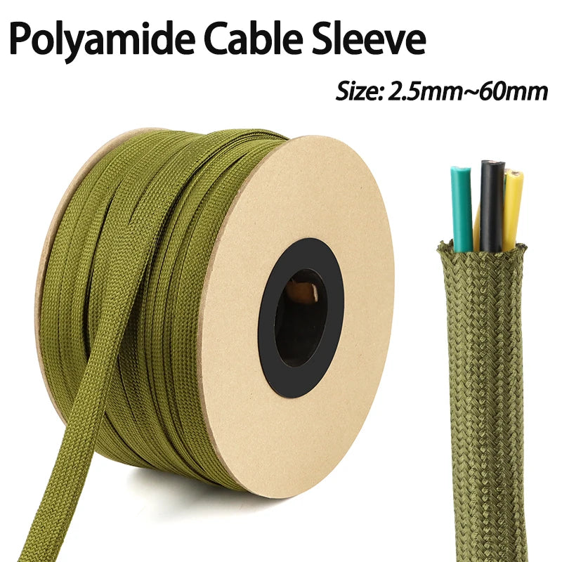 2/5 m armeegrüne Kabelhülse, 2,5 mm-60 mm, hochdichtes Polyamid, isolierter Drahtschutz, erweiterbare Hülle, eng geflochtenes Nylon