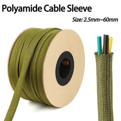 2/5 m armeegrüne Kabelhülse, 2,5 mm-60 mm, hochdichtes Polyamid, isolierter Drahtschutz, erweiterbare Hülle, eng geflochtenes Nylon