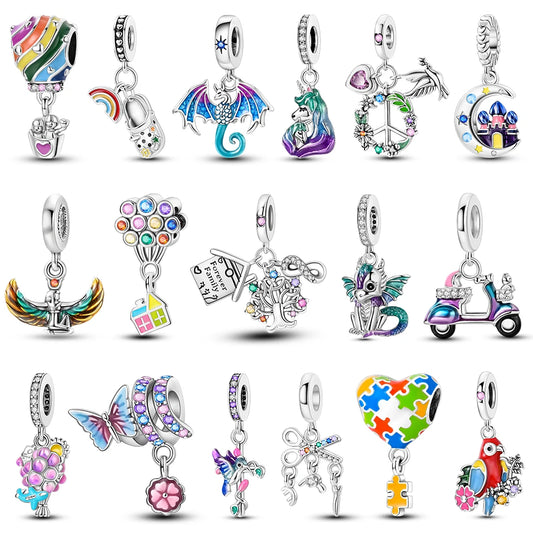 Versilberte bunte Charms-Perlen passen zu Original-Armreif, Einhorn, feuriger Drache, Anhänger, baumelndes Armband, DIY-Frauen-Schmuck, Geschenk