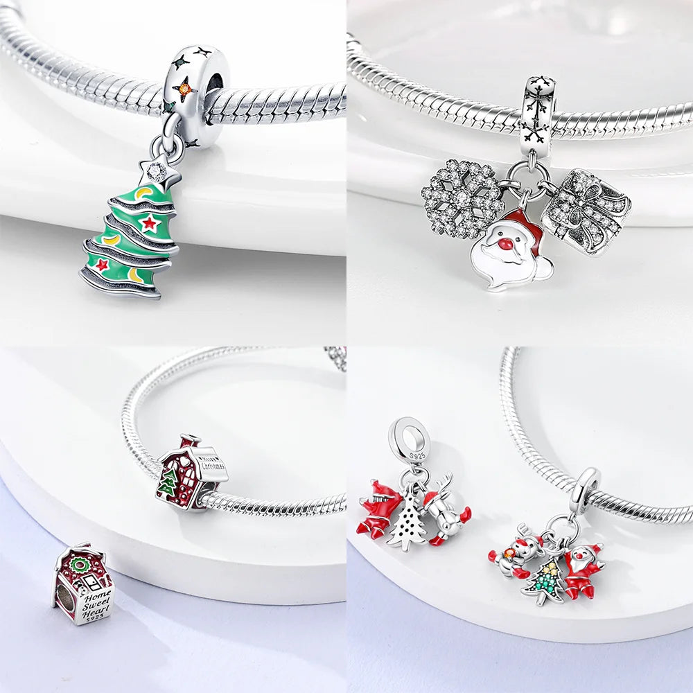 S925 Silber Weihnachten Schneeflocke Charms Herzförmige Glänzende Zirkon Perle Fit Original Armband Diy Edlen Schmuck Weihnachten Geschenk
