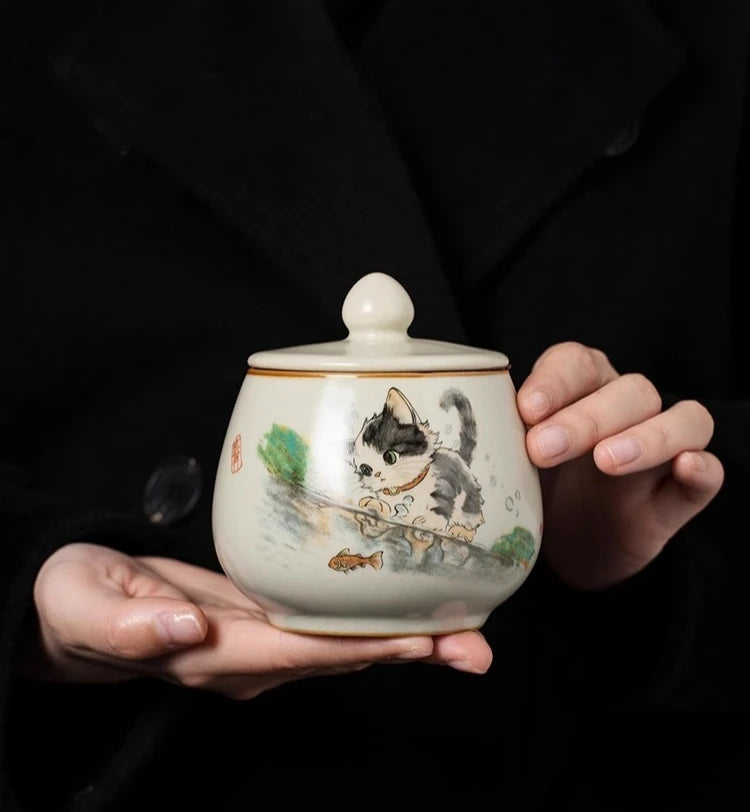 Funeral Ashes Glass Urn for Human Cremation Pet Ashes Holder Ceramic Keepsake Pal Ashes Urns Casket Seal Cute Cat Pattern