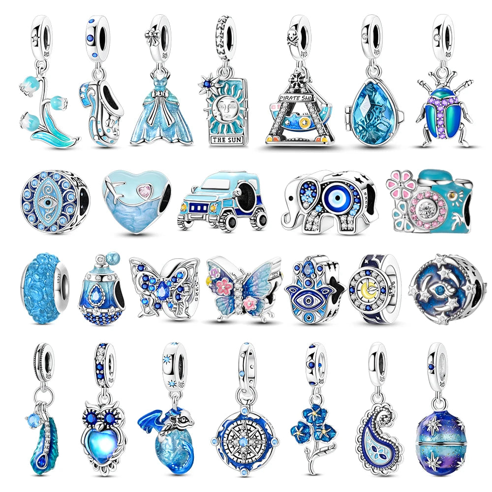 Blaue Serie aus 925er-Sterlingsilber, Eule, Schmetterling, Piratenschiff, Auto, Käfer, Clogs, Charm, passend für DIY-Armbänder, Halsketten, lustige passende Geschenke