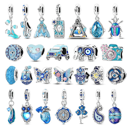 Blaue Serie aus 925er-Sterlingsilber, Eule, Schmetterling, Piratenschiff, Auto, Käfer, Clogs, Charm, passend für DIY-Armbänder, Halsketten, lustige passende Geschenke