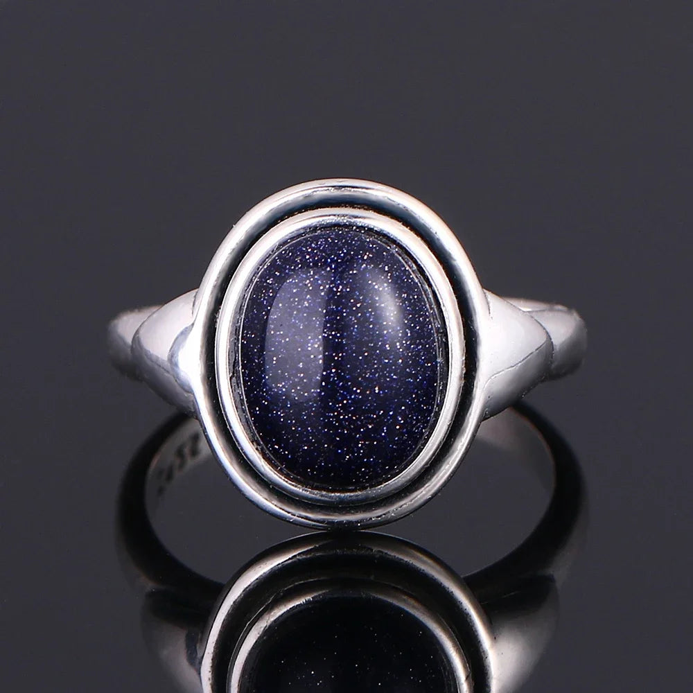 Ring aus 925er-Sterlingsilber, oval, rund, natürlicher blauer Sandstein, Ring für Frauen, Geschenk, Retro-Luxus, edler Schmuck