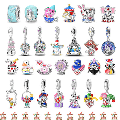 Vergnügungspark-Charm aus 925er-Sterlingsilber, Riesenrad, Achterbahn, Zirkus, Clown, Karussell, passend für DIY-Armbänder, Halsketten, Souvenir