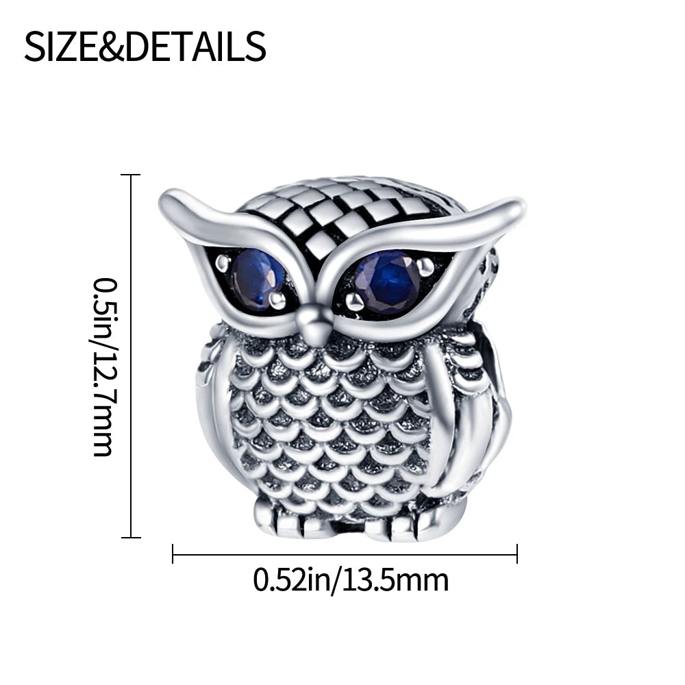Eulen-Charm-Anhänger aus 925er-Sterlingsilber mit Zirkonia, passend für DIY-Armband-Halskette, Geschenk für Sie, Colgante Plata