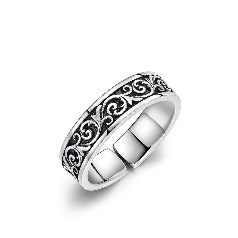Retro Thai Silber Gras Muster Ring für Männer Trendy Vielseitig Personalisierter Schmuck Offene Einzelringe Fingerschmuck KOFSAC
