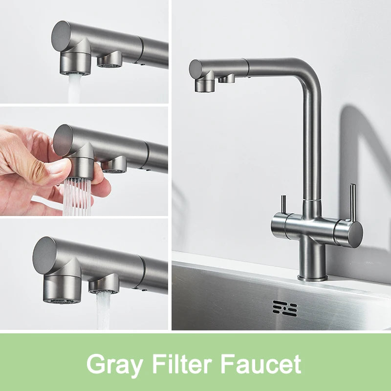 Rozin Wasserreiniger, Küchenarmatur, Schwarz, herausziehbarer flexibler Filter, Küchenarmaturen, Kran, Messing, 2-in-1-Mischbatterie für heißes und kaltes Wasser