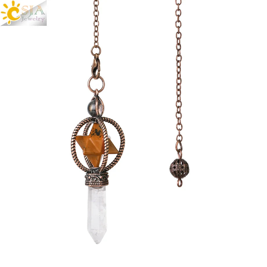 CSJA Esoterik Kristallpendel für Wünschelpen, Weissagung, Pendel, Merkaba, Naturstein-Anhänger, klarer Quarz, rote Bronze, G930
