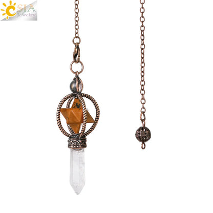 CSJA Esoterik Kristallpendel für Wünschelpen, Weissagung, Pendel, Merkaba, Naturstein-Anhänger, klarer Quarz, rote Bronze, G930