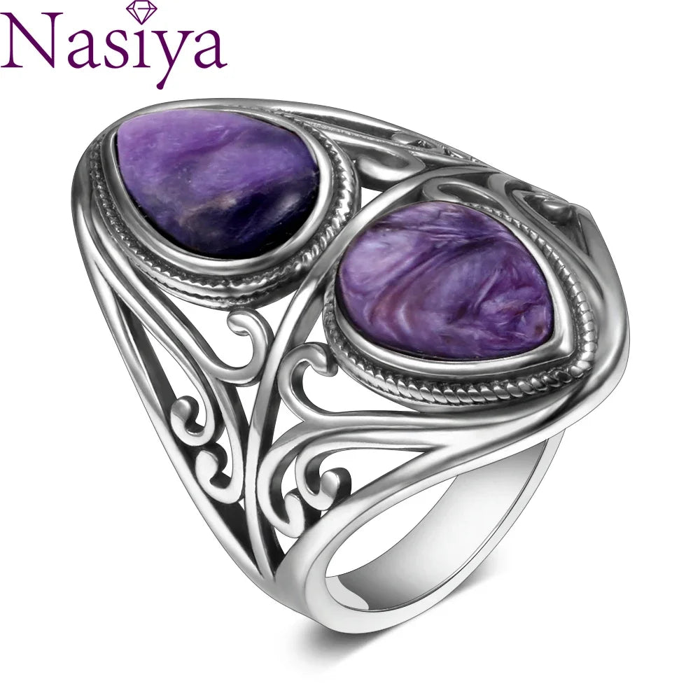 Charms 6x9MM Natürliche Charoite Perlen Ringe frauen S925 Silber Schmuck Vintage Ring Jahrestag Party Geschenke für Frauen