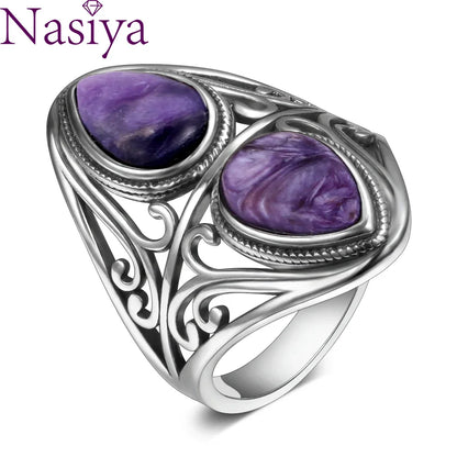 Charms 6x9MM Natürliche Charoite Perlen Ringe frauen S925 Silber Schmuck Vintage Ring Jahrestag Party Geschenke für Frauen