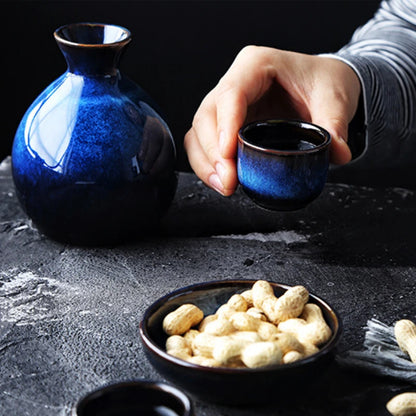 Japanisches Sake-Set aus Keramik, blauer Weinbecher, Topf, Geschirr, Retro-Heim-Shochu-Topf, 1 Topf, 4-Tassen-Set, Geschirr, Barzubehör