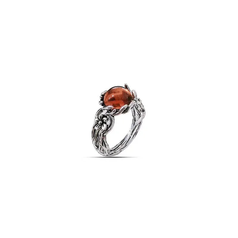 Retro hohle Blume Bernstein Stein Ring für Frauen Silber Farbe Vintage Ring Unisex Accessoires handgemachte Designer Schmuck Liebhaber Geschenk