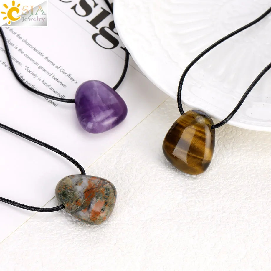 CSJA Naturstein Nugget Anhänger Halskette für Mann Heilung Kristall Amethysten Tigerauge Rhodonit Rosenquarz Charms Schmuck H551