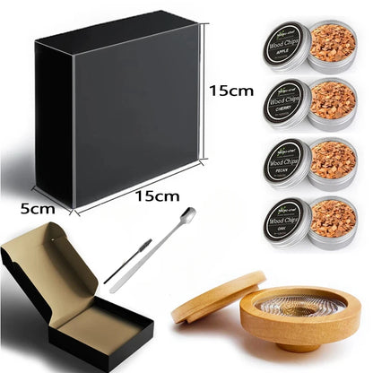 Räucher-Set mit Glasplatte, Cocktail-Räucher-Set mit 4 Holzspäne, Barkeeper-Zubehör für Whisky-Getränke, Raucher-Geschenkset für Männer