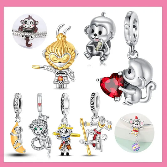 Exquisiter kleiner Affe aus 925er-Sterlingsilber, umarmender roter Herz-Anhänger, passend für Armbänder, Halsketten, Party-Paarung mit handgefertigten Geschenken