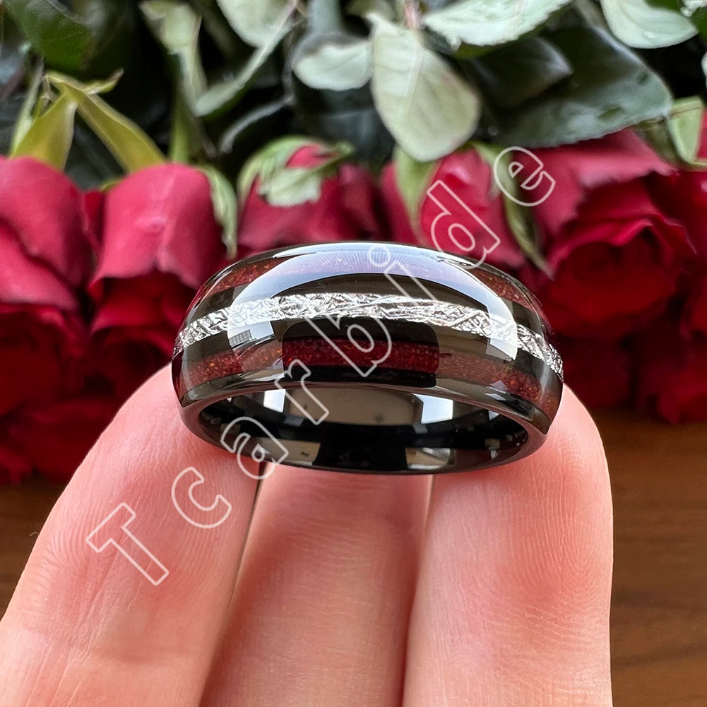 Dropshipping 8MM Männer Frauen Schöne Hochzeit Band Wolfram Rot Opal Ring mit Helle Meteorit Inlay Gewölbt Poliert Komfort Fit