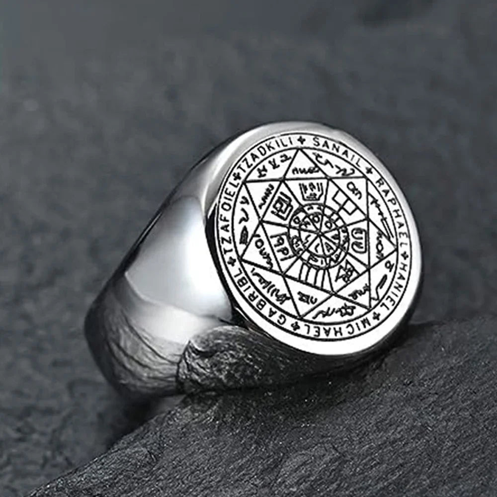 YILUOCD Siegel der sieben Erzengel-Ringe für Männer Der Schlüssel des Salomon-Rings Kabbalah Talisman Amulett Edelstahl Herrenschmuck