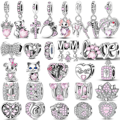 Rosa Charms aus 925er-Sterlingsilber, Perlen, Schmetterling, Parfümflasche, Krone, herzförmiger Zirkon, Charms für Frauen, feiner DIY-Schmuck, Geschenke