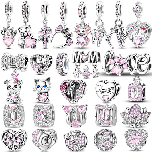 Pink 925 Sterling Silver Beads, Butterfly, Perfume Bottle, Crown, Heart-shaped Zircon Charms for Women, Fine DIY Jewelry, Gifts