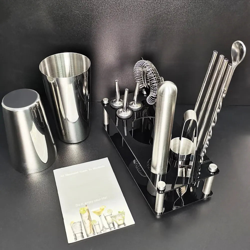 13-teiliges 750 ml 600 ml Cocktail-Shaker-Set, Bar-Werkzeuge aus Edelstahl mit schwarzem Ständer, 750 ml Shaker, Jigger, Löffel, Ausgießer