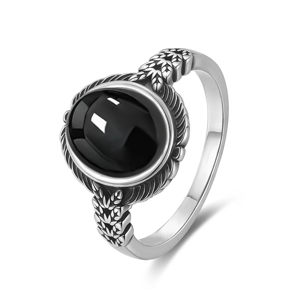 Vintage-Ring aus 925er Silber, natürlicher schwarzer Onyx-Ring, kreisförmiger Denier-Typ, Pferdeauge-Design, Geschenk, edler Schmuck, schwarzer Ring für Männer und Frauen