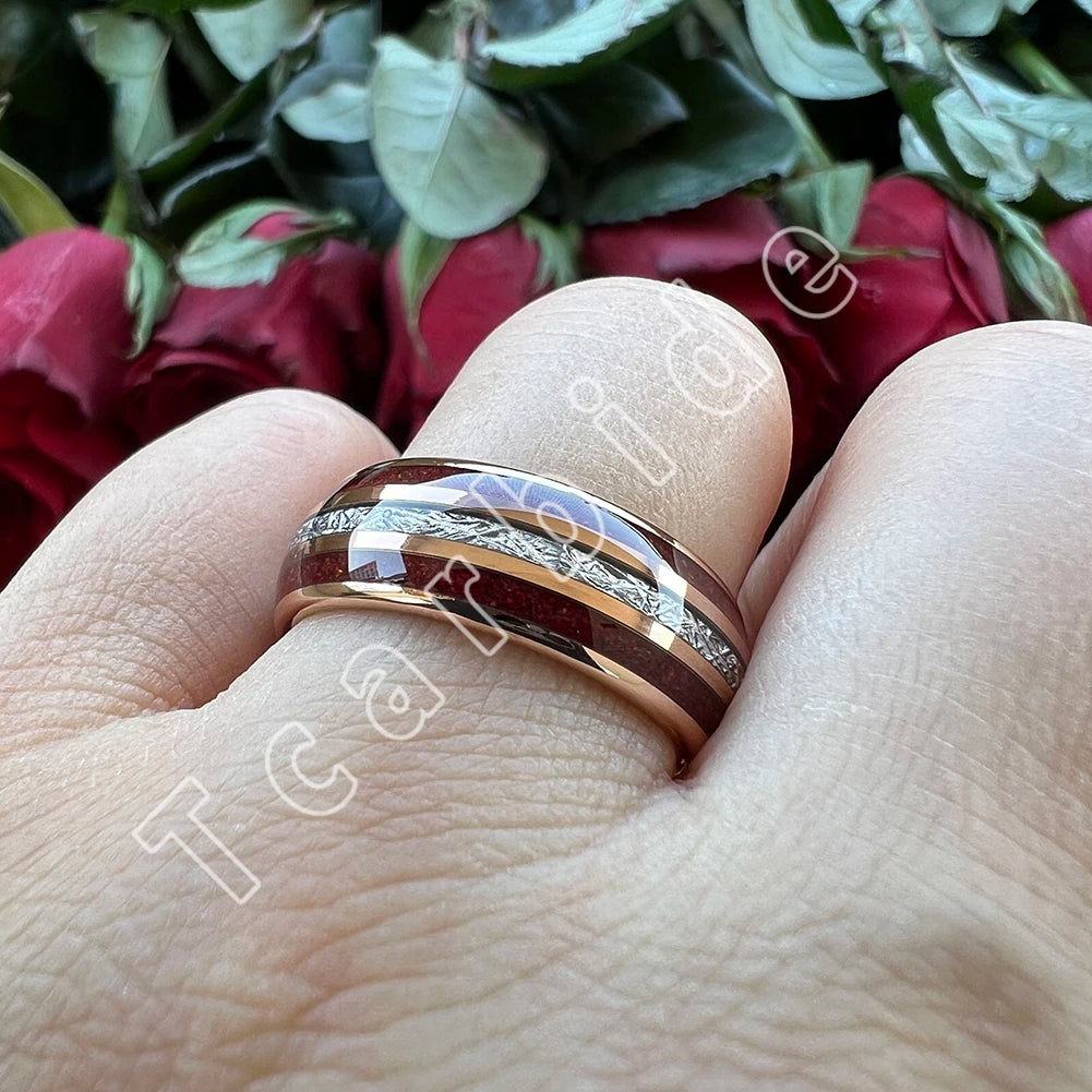 Dropshipping 8MM Männer Frauen Schöne Hochzeit Band Wolfram Rot Opal Ring mit Helle Meteorit Inlay Gewölbt Poliert Komfort Fit
