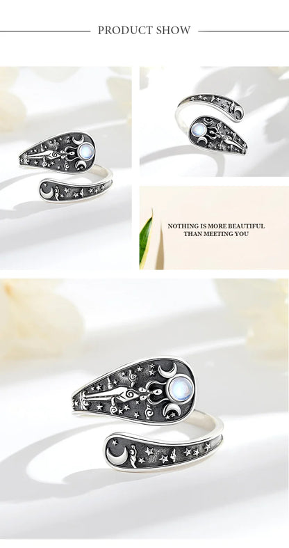 Eudora Verstellbarer Ring aus 925er-Sterlingsilber mit dreifacher Mondgöttin, Mondstein, Hekate, Amulett, Löffelring, Vintage-Schmuck, Geschenk für Frauen