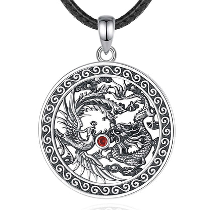 Eudora Halskette aus 925er-Sterlingsilber, Phoenix-Drachen-Halskette für Damen und Herren, Vintage-Stil, roter Zirkon, Sonnenamulett-Anhänger, Persönlichkeitsschmuck, Geschenk