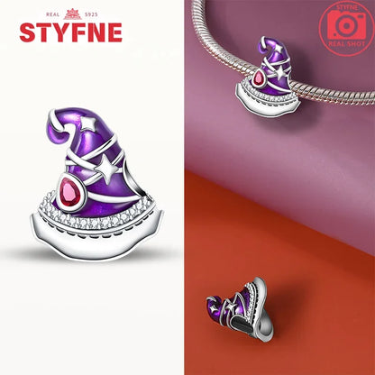 Silber 925 lila fliegender Hexenhut und Zauberbuch-Charms, Perlen, passend für Original-Armbänder, DIY-Halloween-Charm für Frauen, Schmuck, Geschenke