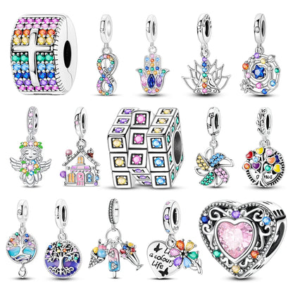 Funkelnde 925er-Sterlingsilber-Charm mit buntem Zirkon, festen Clip-Perlen und Engel-Anhänger, passend für Armbänder und Halsketten, exquisite Geschenke