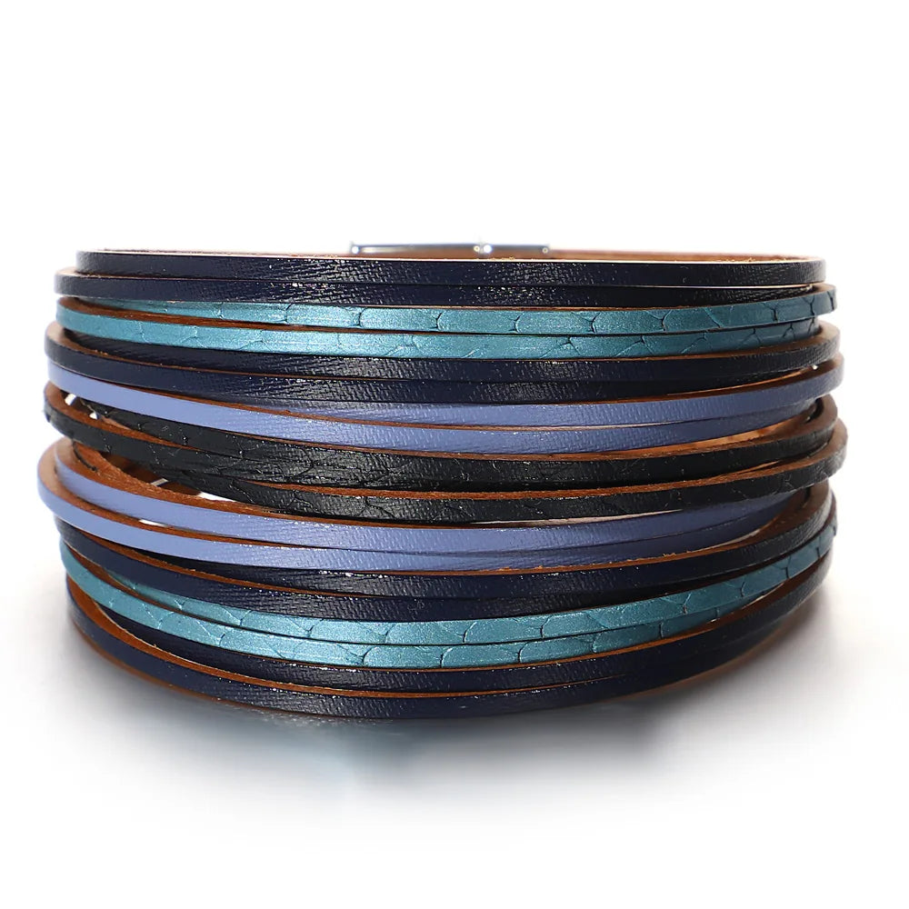 ALLYES Retro Blaue Lederarmbänder für Damen Herren Boho Charm Perle Kristall Herz Mehrschichtiges Wickelarmband & Armreif Schmuck Geschenke
