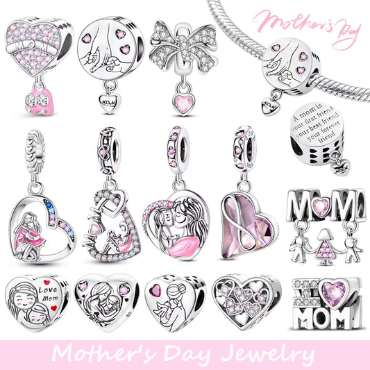 Original-Charm-Anhänger aus 925er-Sterlingsilber, Muttertags-Liebesherz-Familien-Charm-Anhänger, passend für Armbänder, Damenschmuck, Geschenke