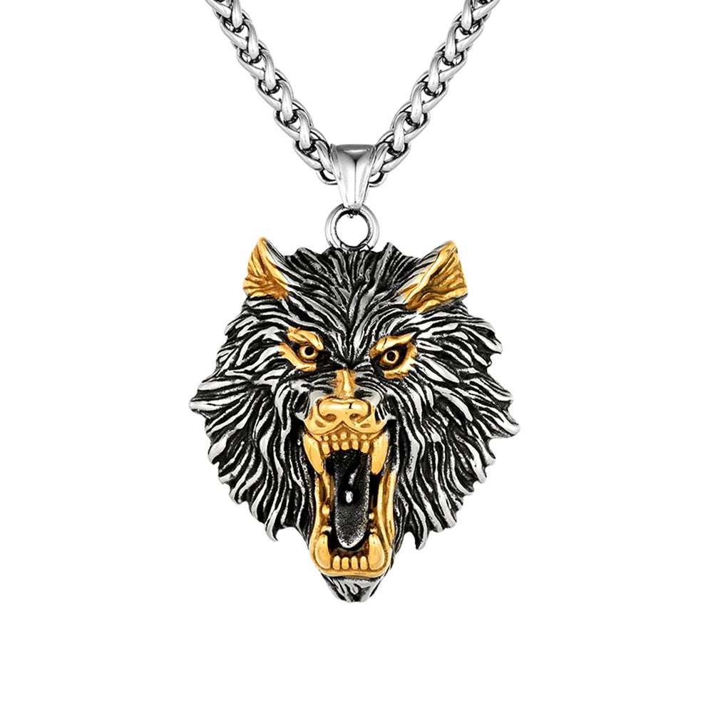 Punk Vikings Wolf Head Necklaces Stainless Steel Vintage Nordic Odin's Wolf Pendant Amulet Men Charm Genuine Leather Rope Jewelry