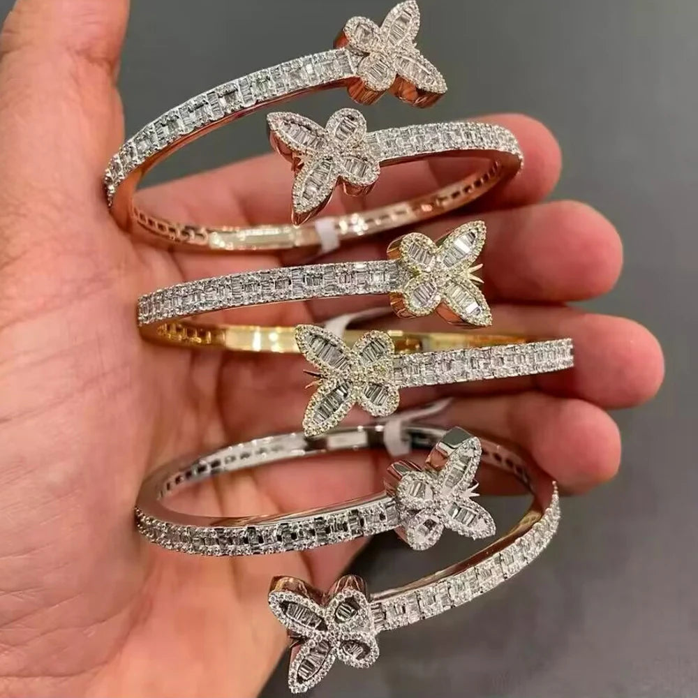 Neue Iced Out Bling Schmetterling Herz Armband Silber Farbe CZ Zirkon Oval Charme Geöffnet Armreif Für Männer Frauen Hiphop Luxus schmuck