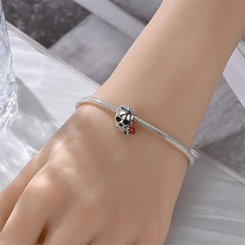 Atemberaubender Geisterrosen-Perlen aus 925er-Sterlingsilber und Spinnen-Seidenschädel-Anhänger, passend für Armbänder, Halloween-Anhänger, Accessoires, Geschenke