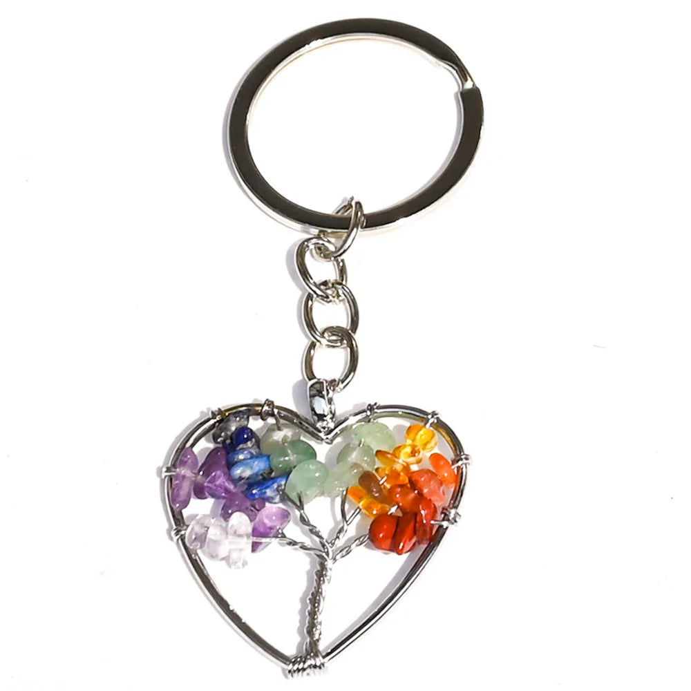 10 stücke Frauen natürlichen Chip Quarz Stein Perle 30mm Herz runden Baum des Lebens Schlüssel anhänger Lanyard Großhandel Schlüssel ringe