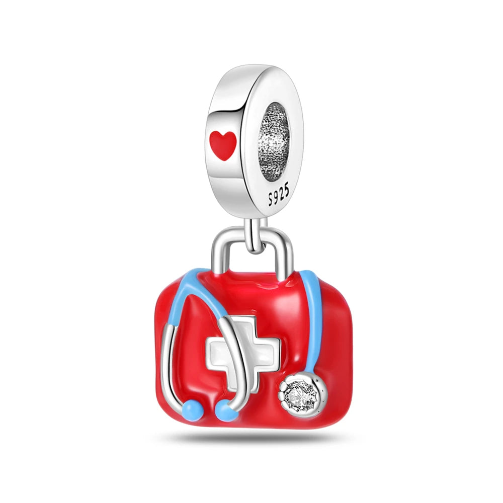 Klassische Krankenwagenperlen und Pillen-Stethoskop-Medizinbox aus 925er-Sterlingsilber, baumelnder Charm, passend für Armbänder, Krankenschwester-Tag-Anhänger, Geschenke