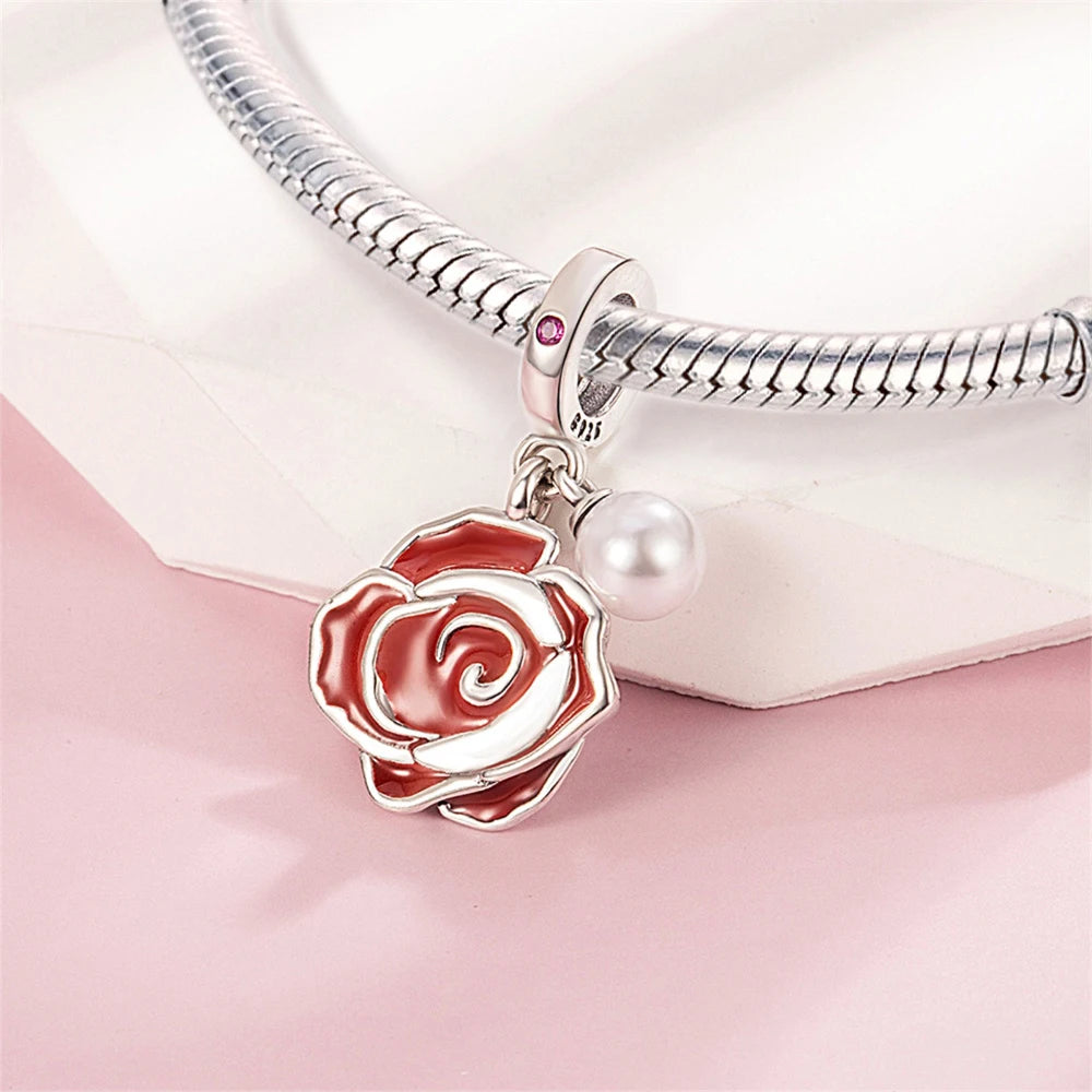 Rote Serie 925er Sterlingsilber Kamera Apfel Herzförmiger Koi Feuerwerkskörper Gott Reichtum Charm Passend für DIY Armband Halskette Partygeschenke