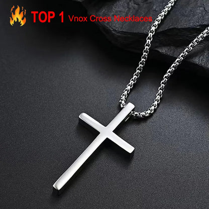 Vnox Cross Necklace for Men and Women, Silver Tone Simple Cross Pendant Collar with Stainless Steel Box Chain