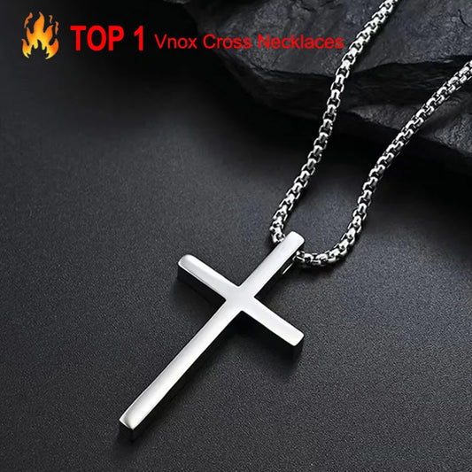 Vnox Kreuz-Halskette für Männer und Frauen, silberfarbenes, schlichtes Kreuz-Anhänger-Kragen mit Edelstahl-Kastenkette