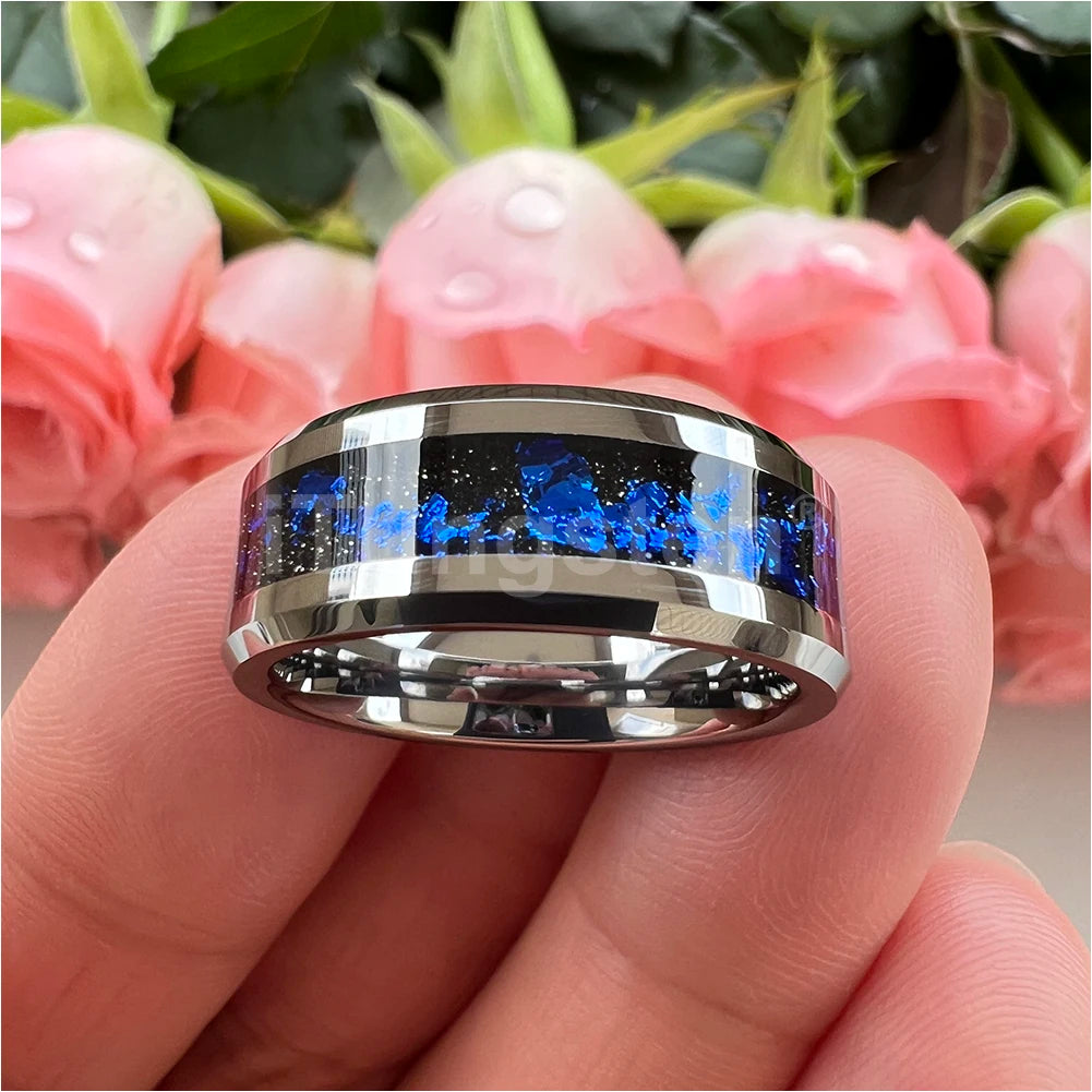 iTungsten 8 mm schwarze/silberne Wolfram-Eheringe für Männer und Frauen mit blauen Folien, abgeschrägte Kanten, polnisch, glänzend, bequeme Passform